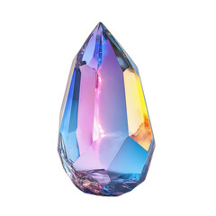 Rainbow colored crystal tear with faceted edges isolated on transparent background.