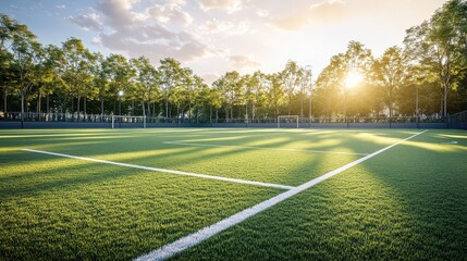 A vibrant soccer field bathed in golden sunlight, surrounded by lush trees, creating a serene and inviting atmosphere.