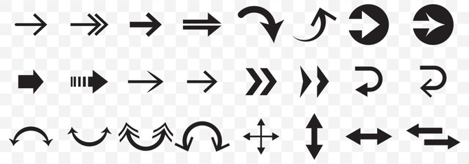 Set black arrows for web design. Arrows vector icon. Arrow icon. Set of big black vector arrows. Cursor, Click. Arrow icon pack on Transparent Background. EPS 10.