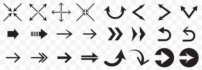 Obraz premium Set black arrows for web design. Arrows vector icon. Arrow icon. Set of big black vector arrows. Cursor, Click. Arrow icon pack on Transparent Background. EPS 10.