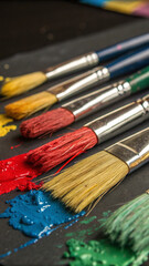 Obraz premium A visually engaging scene featuring numerous paintbrushes holding a rainbow of colors, complemented by corresponding paint marks and splatters, indicative of a creative painting process.
