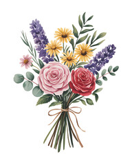 Fototapeta premium A watercolor illustration of a floral bouquet various style wrapped in brown paper with a turquoise blue ribbon tied in a bow, watercolor clipart illustration with isolated background png