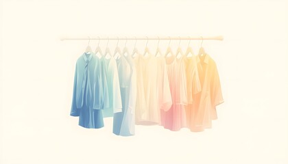 Fototapeta premium A minimalist display of pastel-toned shirts on hangers.