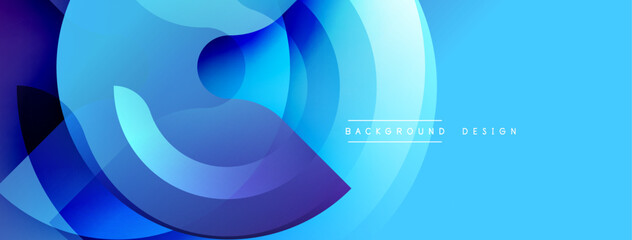 Abstract blue design features overlapping circles, gradients. Modern, dynamic composition creates visual interest. Smooth shapes suggest movement, energy.