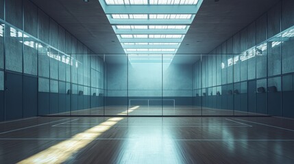 Spacious modern squash court featuring glass walls and bright skylights, creating a vibrant atmosphere.