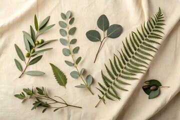 Realistic flat lay of different leaves (eucalyptus, fern, olive) arranged on beige linen fabric, soft morning light, harmonious natural tones, minimal styling.