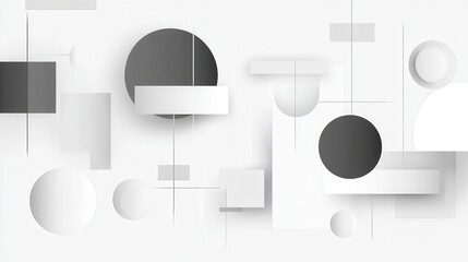 Abstract background with geometric shapes in white and gray tones. Modern design with circles, squares, and lines for contemporary and minimalist aesthetics.