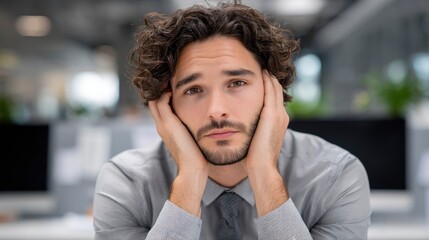 Obraz premium Worried Man Sitting at Desk with Hands on Face