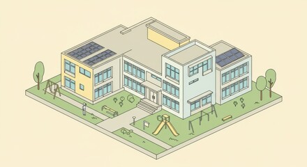 Eco-Friendly School Building with Playground Isometric Illustration