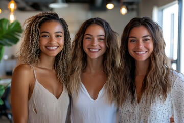 Fototapeta premium Three radiant young women stand shoulder to shoulder, their smiles reflecting warmth and camaraderie. A portrait of natural beauty and genuine happiness.