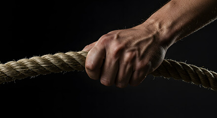 Close-up of a strong hand gripping a thick rope, showcasing muscular tension and determination against a dark background, symbolizing strength and resilience in challenging situations