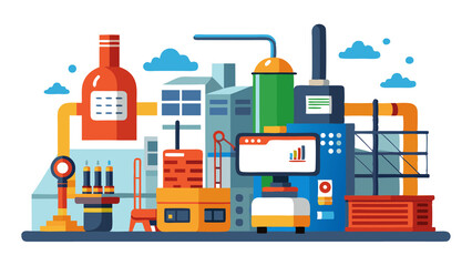 Naklejka premium A colorful industrial scene with a computer monitor and a bottle