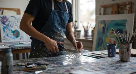 Artist cutting stencil in art studio - photo