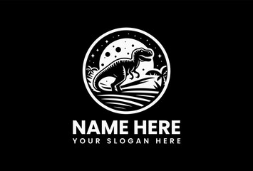 Playful black silhouette of a stylized dinosaur with sharp teeth and dynamic curved lines surrounding it on a white background. Children's illustration concept