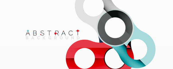 Modern abstract design. Overlapping circles create dynamic visual effect. Red, gray, blue elements on white background. Simple geometry.
