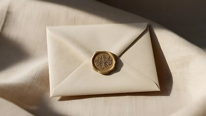 Soft Beige Wedding Envelope Sealed with Elegant Gold Wax Stamp Resting on a Neutral-Toned Linen Surface
