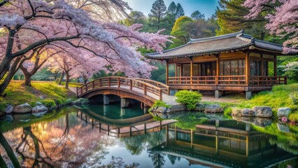 A serene Japanese tea house nestled among towering trees and blooming cherry blossoms, with a delicate wooden bridge spanning a winding stream, tree, japanese