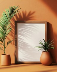 A 3D pastel mock-up presents a blank wall frame between potted plants, casting shadows on a textured orange background, ideal for art or photo display.
