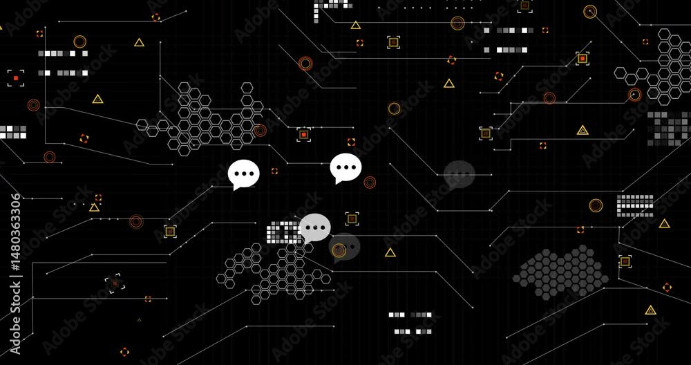 Poster digital network showing floating speech bubbles linking via circuit lines, hex nodes in flat design