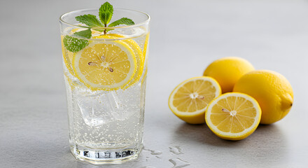Refreshing Lemon Infusion Sparkling In Clear Glass On Neutral Background