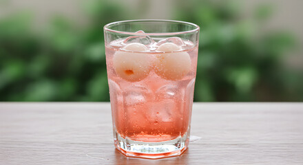 Refreshing Lychee Drink Garnished With Exotic Fruits And Ice Cubes