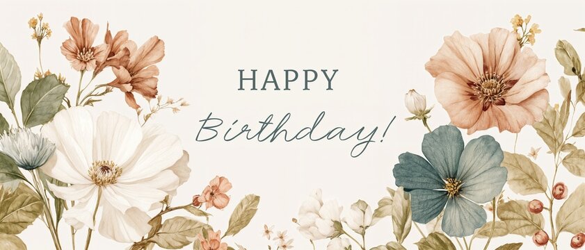 Un ramo de flores acuarelas rodea el texto '&iexcl;Feliz cumplea&ntilde;os!' en una fuente elegante.