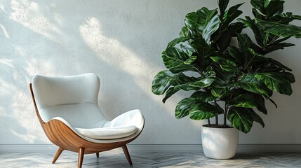 Cozy Modern Living Room with Stylish White Chair and Green Plant