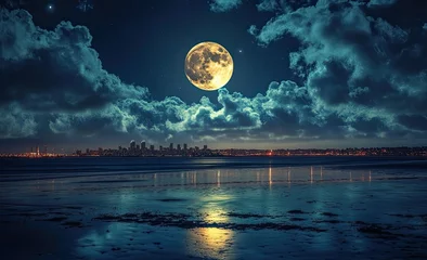 Moonlit city skyline reflected on water