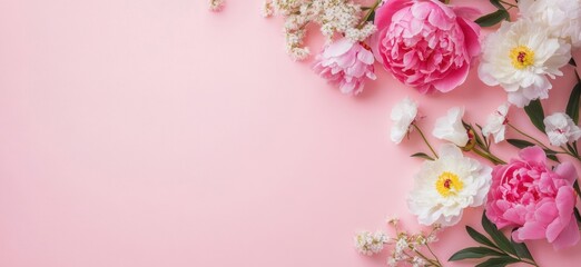Fototapeta premium Pink and White Peonies Floral Arrangement on Pink Background