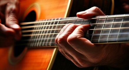 Fototapeta premium Close Up of Hand Playing Acoustic Guitar String Instrument