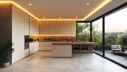 Modern kitchen design with natural light and outdoor view.
