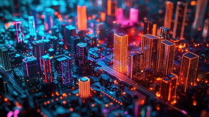 Futuristic city skyline with vibrant neon lights.