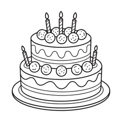 A detailed sketch of a birthday cake with candles, decorations, and icing.