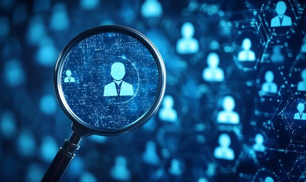 A digital lens highlights individual potential within a vast network. Depicting the essence of discovery, assessment and human connection.
