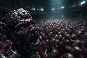 Julius Caesar's assassination in the Roman Senate with chaos among senators Black and white