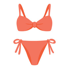 Minimal coral bikini with bow tie details, ideal for beach days and summer vacations.