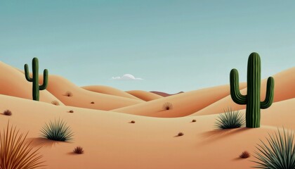 Desert Landscape with Cacti and Sand Dunes at Sunset