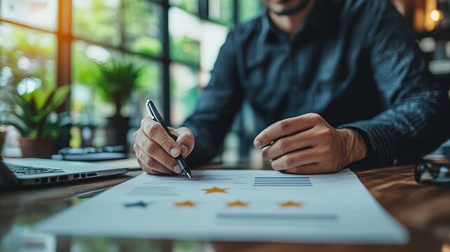 Focused on the task at hand, a business professional intently reviews a document, immersed in the world of work.
