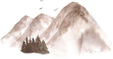 Majestic Mountain Range with Evergreen Trees Below