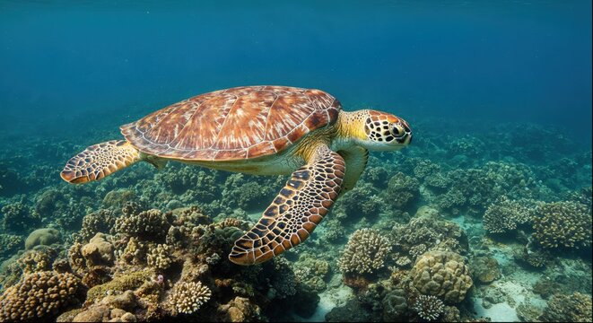 A majestic green sea turtle gracefully swims through a vibrant coral reef, showcasing its intricate shell pattern. 