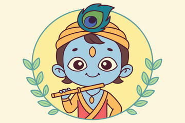 Flute and peacock feather illustration related to Krishna for Indian religious festivities