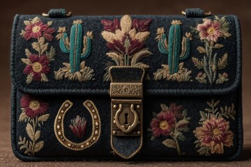 Un bolso bordado con motivos florales y cactus, con una hebilla de herradura dorada.