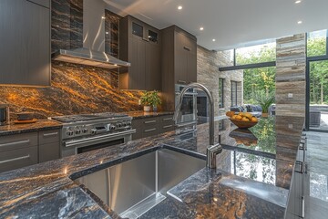Modern kitchen design with dramatic backsplash and granite countertops.