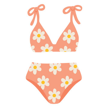 Cute peach bikini with white daisy flowers and bow ties, perfect for beach or vacation looks.