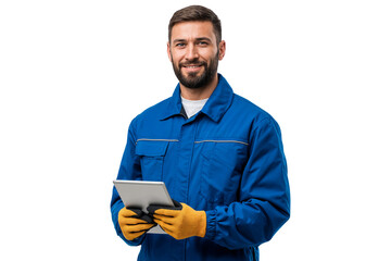 Smiling Industrial worker in blue uniform and yellow gloves holding a tablet, ready for work, isolated on white or transparent background