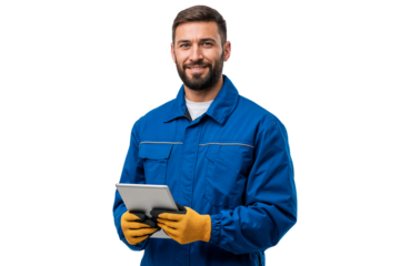 Smiling Industrial worker in blue uniform and yellow gloves holding a tablet, ready for work, isolated on white or transparent background
