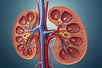 Human Kidney Anatomy Detailed Cross Section of Renal System with Vessels