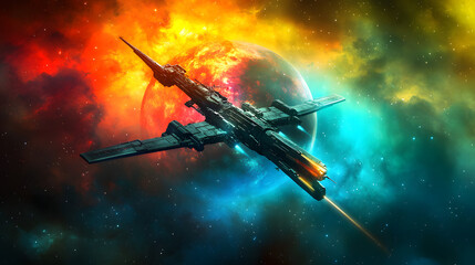 Fototapeta premium A futuristic spaceship soaring through a vibrant cosmic landscape, with a distant planet and colorful nebula in the background