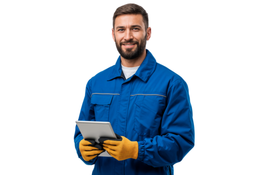 Smiling Industrial worker in blue uniform and yellow gloves holding a tablet, ready for work, isolated on white or transparent background
