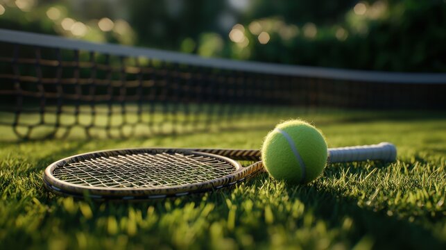 Close-up of a tennis racket and ball resting on lush green grass under soft, natural light.